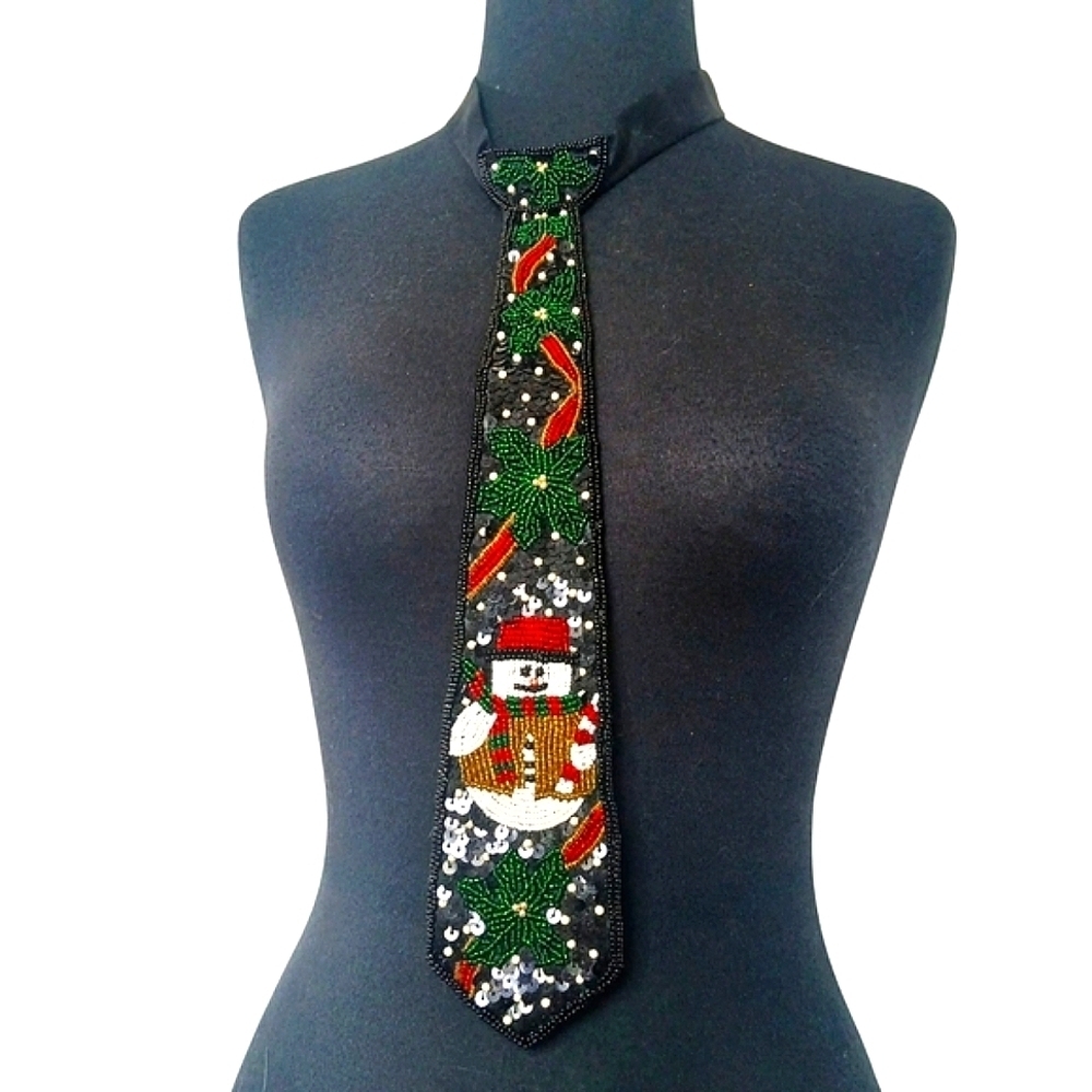 Milor SM Necktie Xmas Party Holiday Snowman Embellished Beaded N Sequins Satin